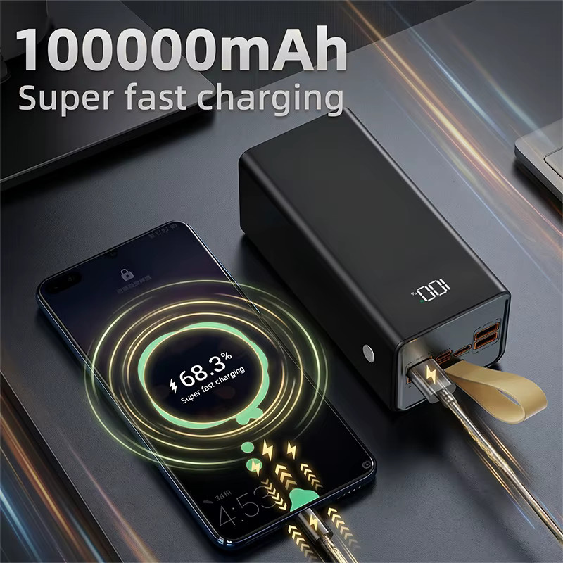 Cohana Powerbank 100000mAh mit 22,5W Schnellladefunktion, schwarzes tragbares Ladegerät mit LED-Digitalanzeige, integrierter Taschenlampe und Tragegurt zum gleichzeitigen Laden von 7 Geräten - Bild 2