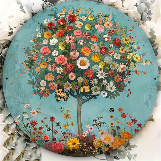 Potdemiel Vintage-Blumenbaum des Lebens Metall-Wanddekoration, rundes Eisenschild mit floralem Design in Mehrfarbig und Grün, Durchmesser: 20 cm - Bild 1