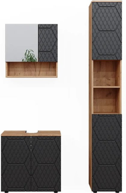 Vicco Badmöbel-Set Irma 3-teilig in Eiche und Anthrazit mit Hochschrank und Waschbeckenschrank Breite: 60 cm - Bild 2