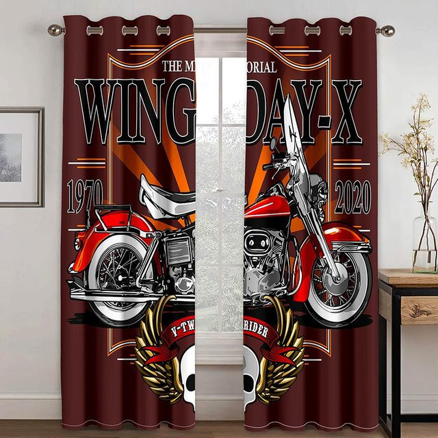 2er-Set Vorhang mit Motorrad-Skelett-Motiv im 3D-Digitaldruck, halbtransparent, Mehrfarbig, B: 50 cm, H: 130 cm - Bild 1