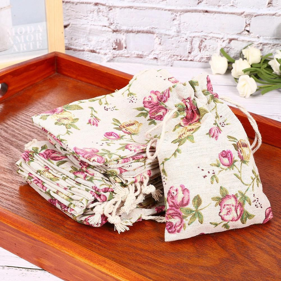50 Stück Jutebeutel mit Kordelzug in Braun mit Blumenmuster aus Leinen und Jute als Schmuckverpackung für Hochzeiten oder Weihnachten - Bild 4