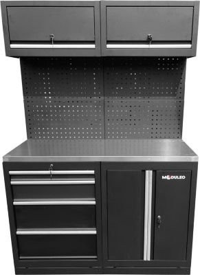 KS Tools Werkstattmodul aus Edelstahl und MDF in Schwarz mit LED, 4 Schubladen, 2 Hängeschränken, Lochwand und abschließbarer Funktion - Bild 1