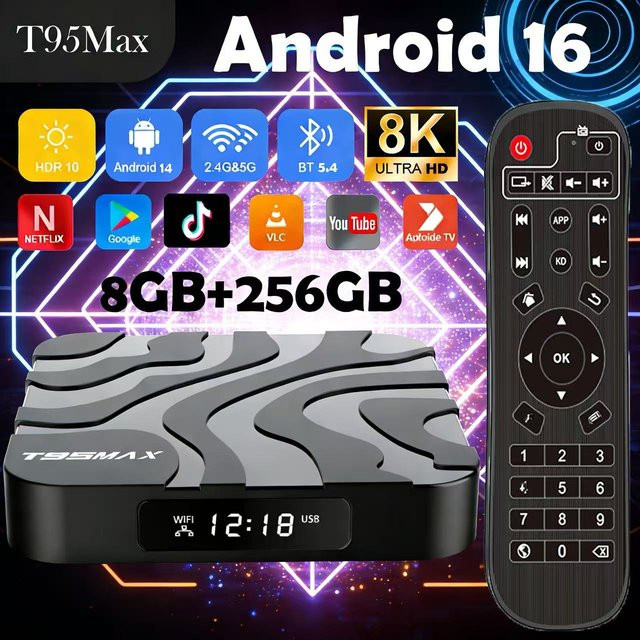 T95Max Android 16 Smart TV Box mit 128GB oder 256GB Speicher, Allwinner H618 Prozessor, 8K Video Unterstützung, Google Assistant und Bluetooth 5.4, Media Streamer in Schwarz - Bild 1