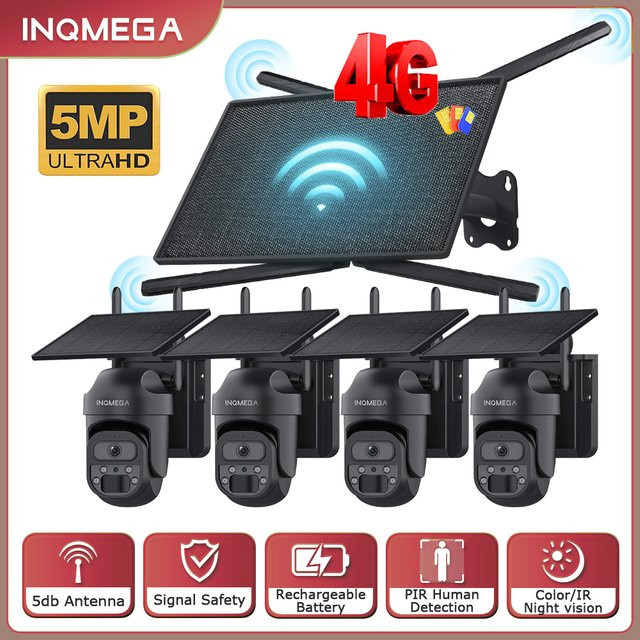 INQMEGA 4G Solar WiFi Kamera mit 150Mbps Repeater und PTZ Funktion, IP66 Wasserdicht, Schwarz - Bild 1