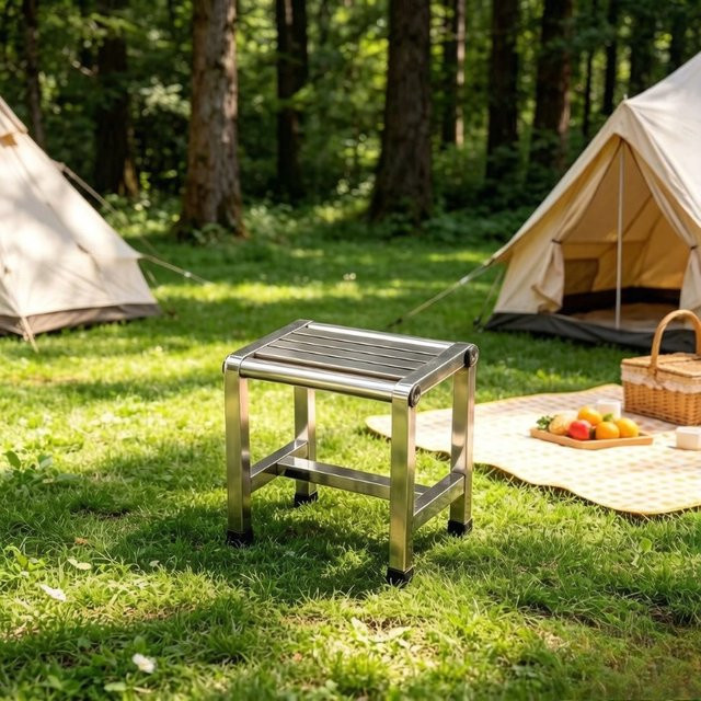 LIUSHADUOLA Quadratischer Hocker aus Edelstahl in Silber, rutschfester Metall-Fußhocker für Badezimmer und Zuhause - Bild 1