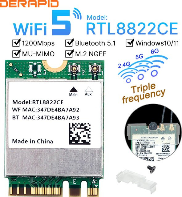 DERAPID Dualband WLAN-Adapter mit Bluetooth 5.1, 1200Mbps 2.4/5GHz, RTL8822CE Chipsatz, 802.11 AC Netzwerkadapter für PC und Laptop, Windows 10/11, Grün - Bild 1
