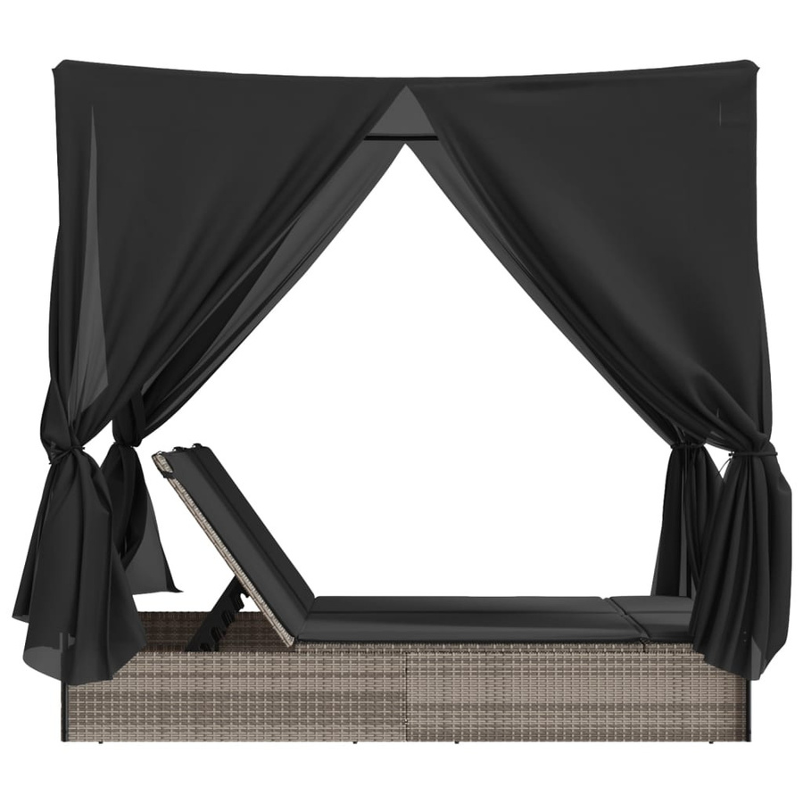 vidaXL Doppel-Sonnenliege aus Polyrattan mit Sonnendach und Vorhängen in Grau, B/T/H: 280 x 196 x 114 cm - Bild 4