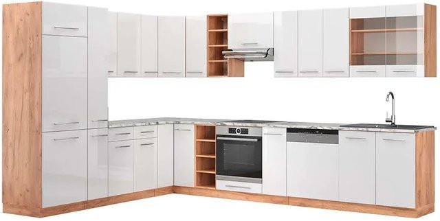 Vicco Fame-Line Eckküche in Weiß Hochglanz und Goldkraft Eiche mit Marmor-Optik, B: 347 cm, H: 257 cm - Bild 1