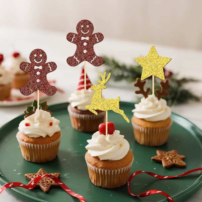 YOMDID 24 Stück Weihnachts-Kuchenaufsätze in Gold und Braun mit Hirsch und Stern als glitzernde Cupcake-Topper und Party-Kuchendekoration - Bild 6