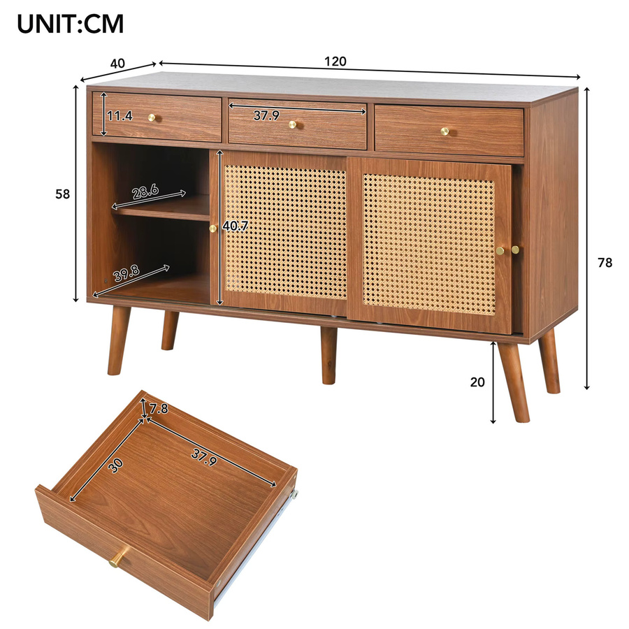 Comanlai Sideboard Schubladenschrank mit Rattan-Türen in Walnuss-Finish, Mid-Century Aufbewahrungsschrank für dein Wohnzimmer, Braun - Bild 3