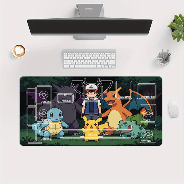 Potdemiel Pokemon TCG Spielmatte mit Ash & Charizard Pikachu Pixel-Wald-Design, Sammelkartenspiel-Matte - Bild 1