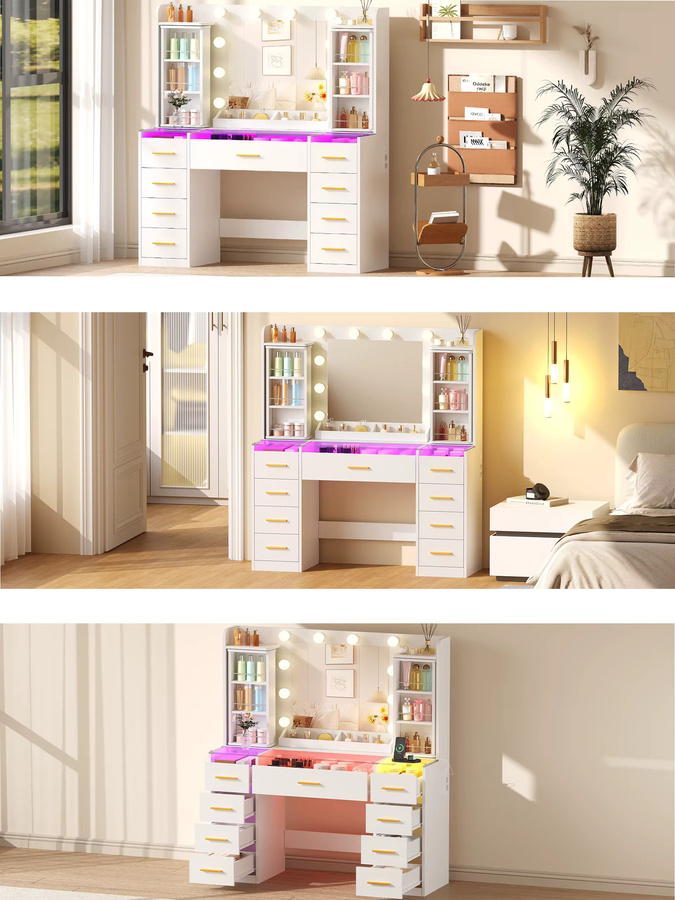 BEWISHOME Schminktisch mit LED-Beleuchtung, Glasplatte, Steckdose und USB-Anschluss in Weiß, B/T/H: 105 x 40 x 140 cm - Bild 5