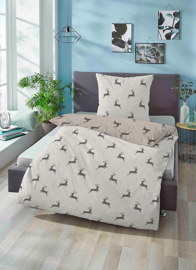 BIBERNA Bettwäsche Hirsch Beige aus 100% Baumwolle Mako-Satin und Flanell bügelfrei mit Reißverschluss - Bild 2