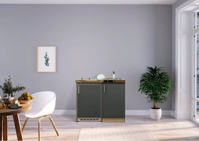 Respekta Miniküche MK100ESGC in Grau-Eiche Sägerau mit Edelstahl-Elementen, B/T/H: 100 x 60 x 87 cm - Bild 1