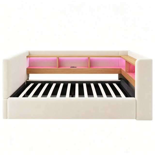 Merax Polsterbett Schlafsofa mit LED-Beleuchtung, USB-Ladeanschluss und Bettablage in Beige, B/T/H: 90 x 190 x 108,5 cm - Bild 1