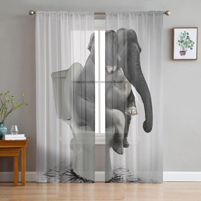 A Family Of Home Textiles Transparentes Tüll-Fensterdekoration mit Elefanten-Print, Weiß, Breite: 135 cm, Höhe: 160 cm - Bild 1