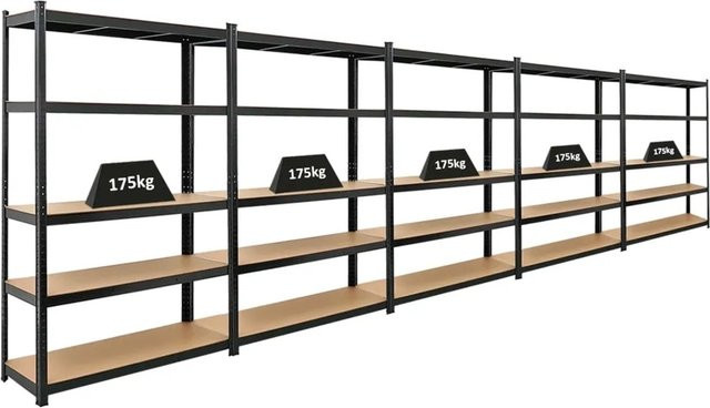 5er Set PROREGAL Schwerlastregal Ragnar in Schwarz, H x B x T: 180 x 120 x 40 cm, mit verstellbaren Fachböden aus MDF und Metall für Werkstatt und Garage - Bild 1