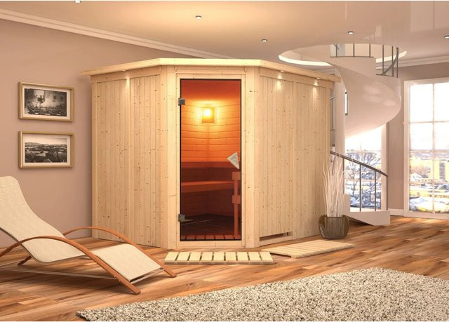 Karibu Sauna MALIN mit 9,0 kW Ofen, integrierter Steuerung, LED-Dachkranz und Ganzglastür in Bronze, B/T/H: 231 x 196 x 210 cm - Bild 1