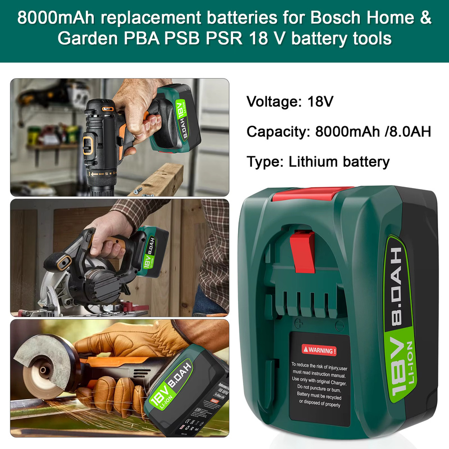 Bosch Ersatzakku PBA 18 V mit 8000 mAh in Grün für Bosch Power Tools AL1880CV AL1810CV AL18815CV AL1830CV - Bild 2
