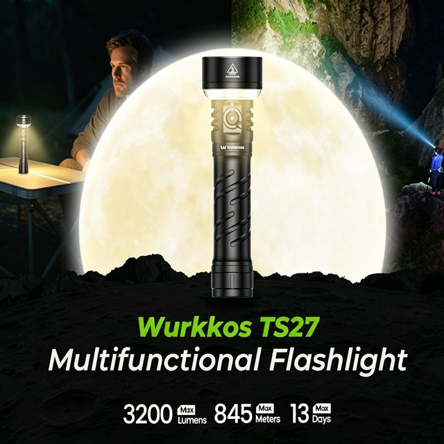 Wurkkos TS27 Multifunktionale LED Taschenlampe in Schwarz mit 3200 Lumen, RGB-Licht und Powerbank-Funktion inklusive 32140 Akku - Bild 1