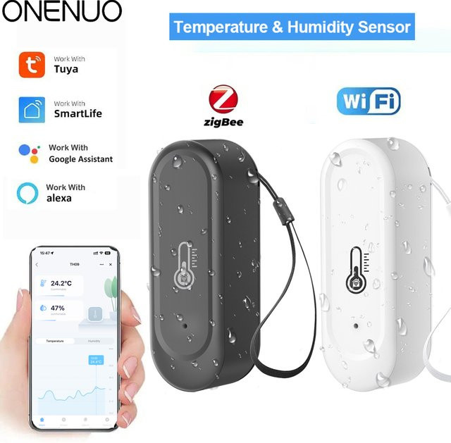ONENUO Wasserdichter Außentemperatur- und Feuchtigkeitssensor mit WLAN oder Zigbee, Tuya-kompatibles Thermometer in Schwarz oder Weiß - Bild 1