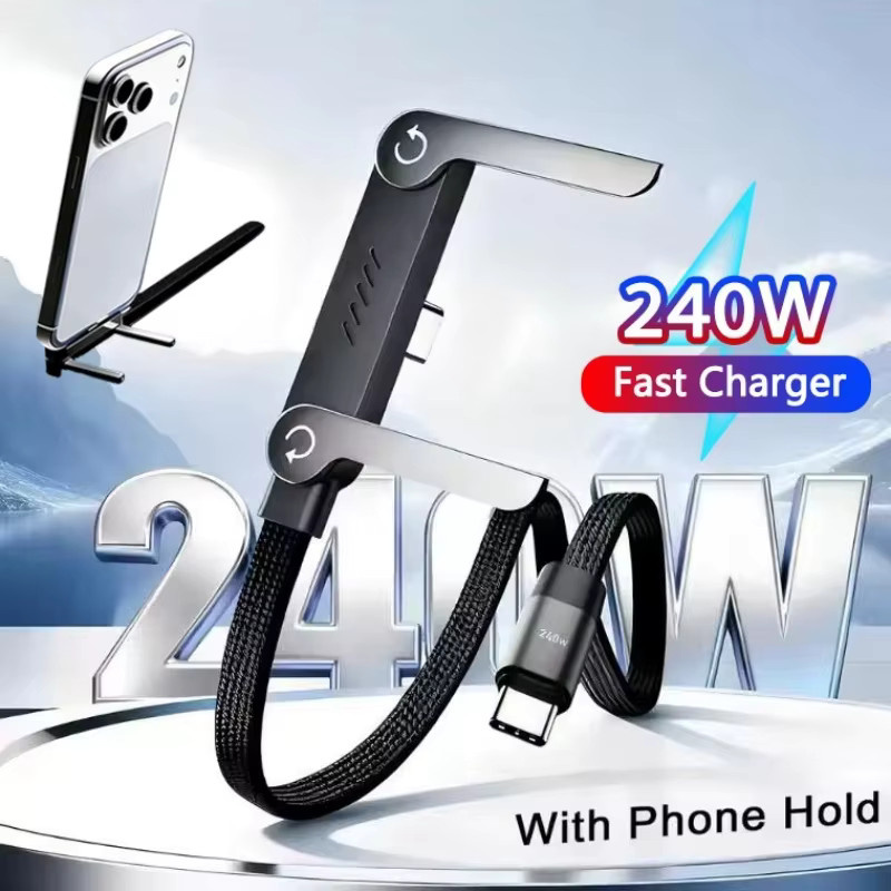 NNBILI 2-in-1 USB-C-auf-C-Ladekabel mit 240W Leistung und faltbarer Halterung, Typ-C-Desktop-Ladekabel in Schwarz - Bild 4