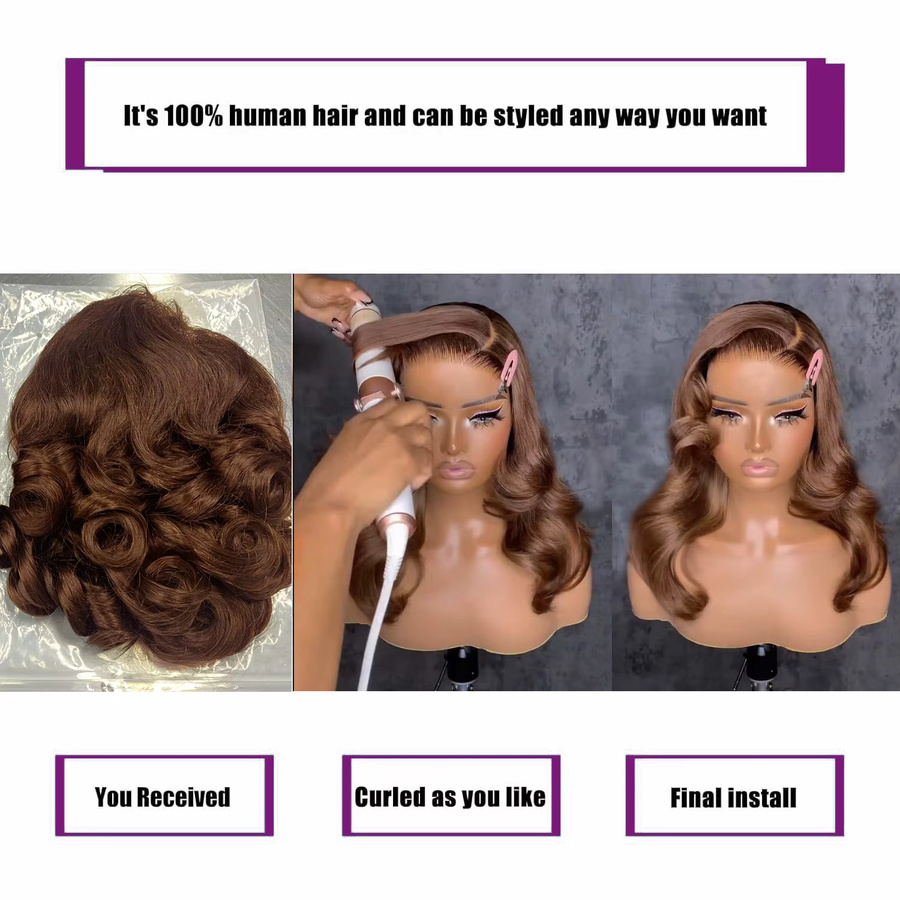 Happy Monday Bob-Perücke Echthaar, Schokoladenbraun, Body Wave, 13x4 HD Lace-Front - Bild 5
