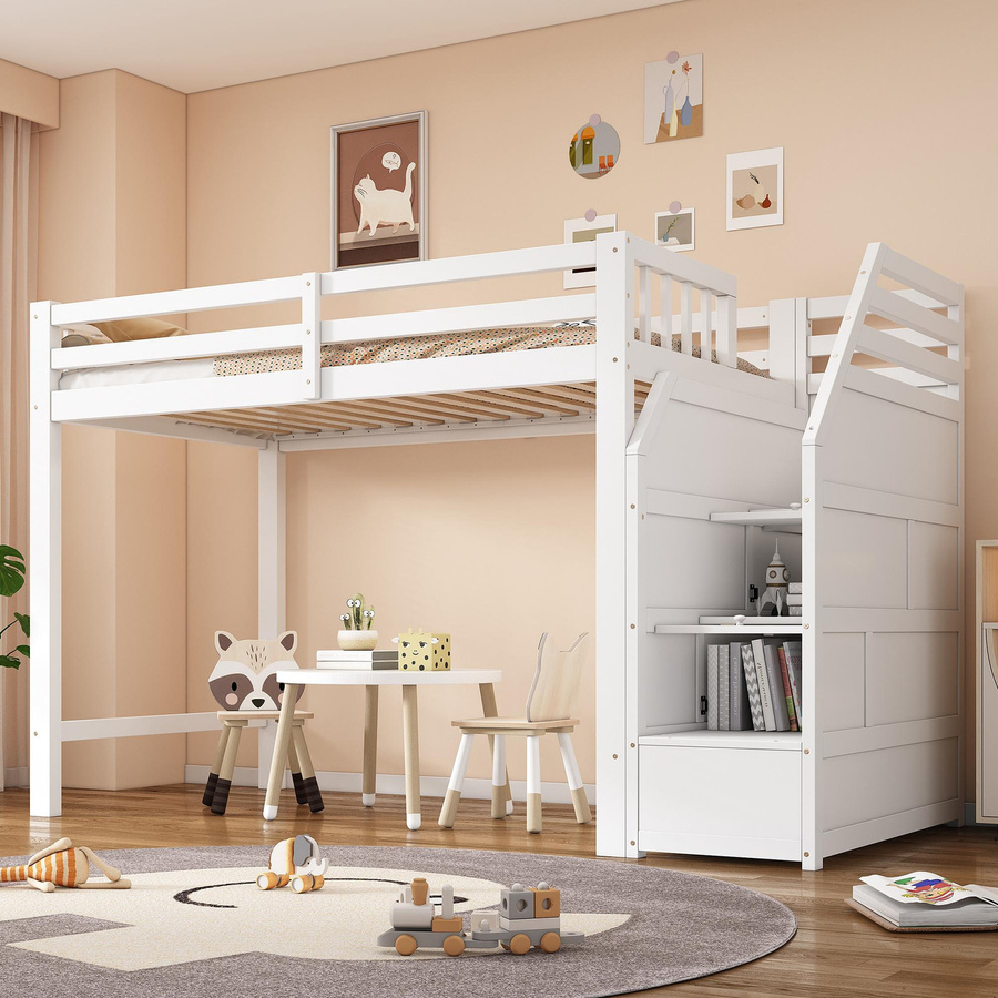 Hochbett für Kinder von WM Store DE in Weiß mit Lattenrost, integriertem Stauraum und Treppe, H x B x T: 256 x 98,5 x 147 cm - Bild 2
