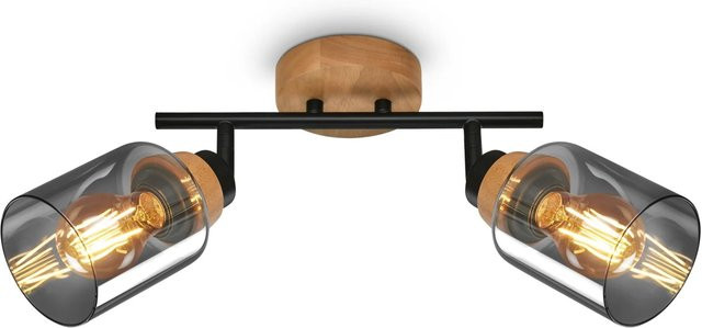 Brilo Deckenleuchte Hema schwenkbar mit Rauchglas und Holzbasis, E27, Schwarz und Holz - Bild 1