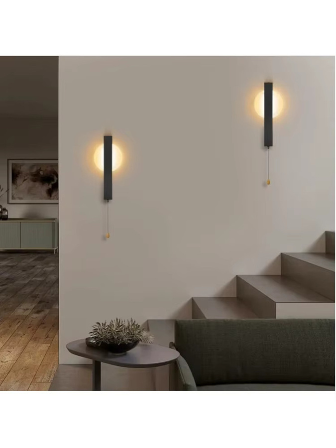 Moderne LED-Wandlampe in Schwarz mit Zugschalter, runde Wandleuchte aus Metall und Kunststoff für Wohnzimmer, Flur und Schlafzimmer, 6 W, Warmweiß 3000 K - Bild 6
