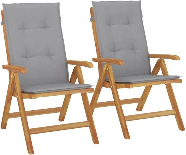 vidaXL Gartenstühle aus Teakholz mit grauen Kissen, 2er Set - Bild 1