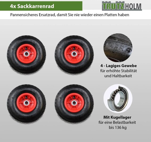 4er Set TRUTZHOLM Sackkarrenrad Luftrad in Rot mit versetzter Nabe, Durchmesser: 260 mm, Breite: 85 mm, Nabe: 60 mm, Bohrung: 20 mm - Bild 1