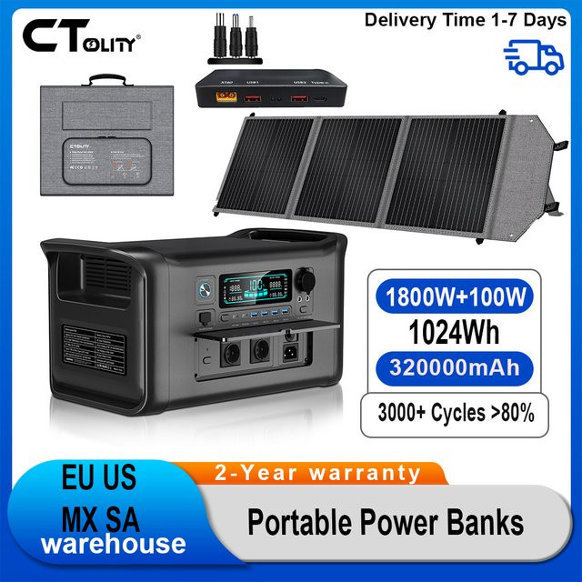 CTOLITY Tragbares mobiles Kraftwerk 1800 W mit 100 W 20,5 V Solarmodulen, faltbarer Energiespeicher für Outdoor und Camping, Schwarz - Bild 1