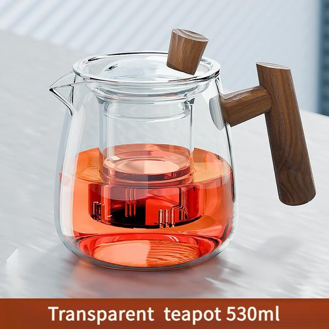 GIANXI Teekanne aus hitzebeständigem Glas mit Walnussholzgriff und Infuser, transparent/braun - Bild 1