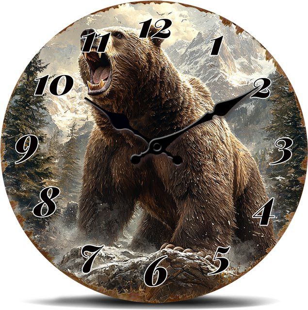 Wild Bear Wanduhr Snow Mountain Naturkunstdekor als stille runde Quarzuhr - Bild 1