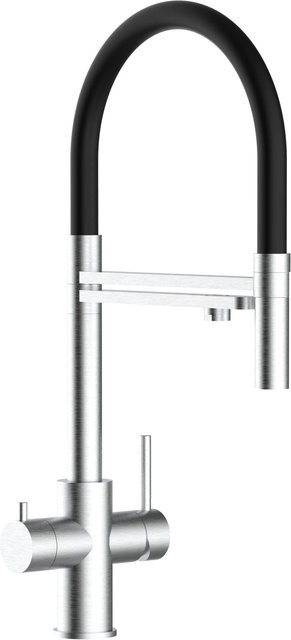 VIZIO Küchenarmatur aus Edelstahl mit 5-Wege-Wasserhahn, 360° schwenkbarem Auslauf und abnehmbarer 2-Strahl-Handbrause, Schwarz/Silber, gebürstet - Bild 1