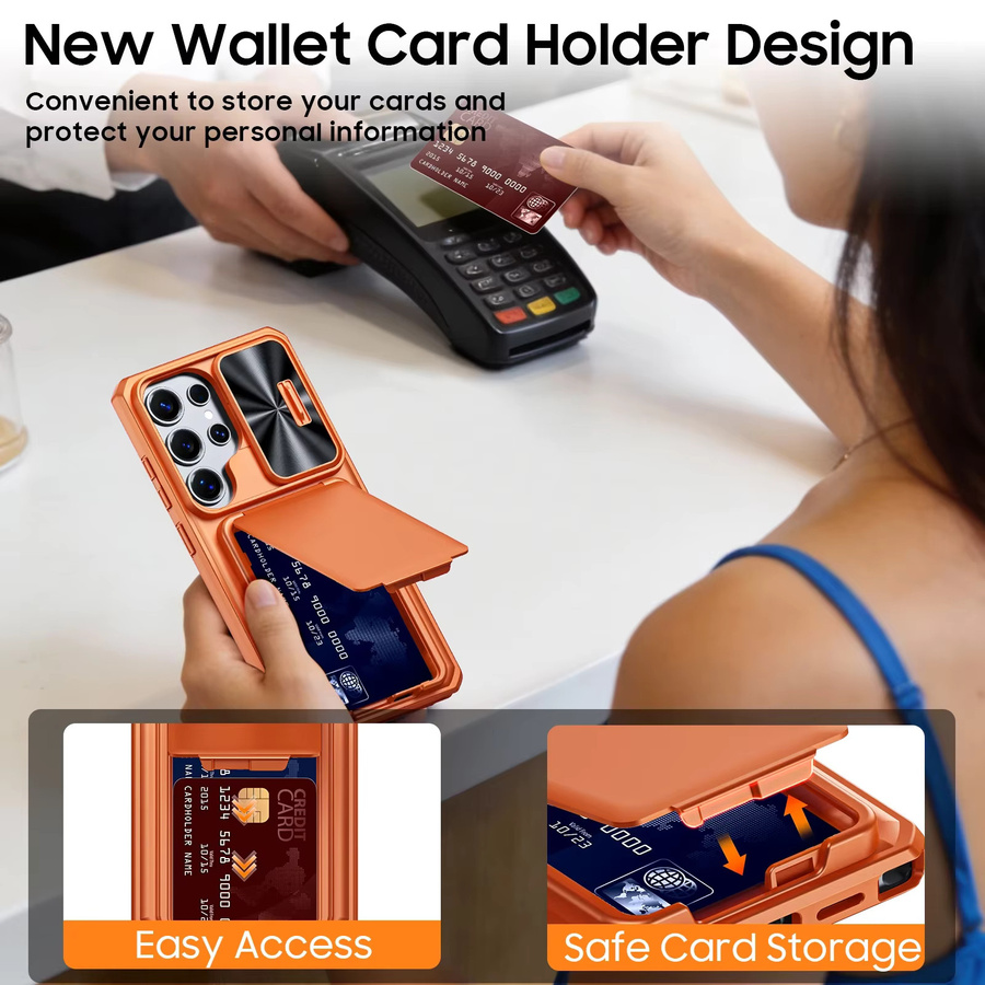 BANGZAO Handyhülle für Samsung Galaxy S25 Ultra mit Ständer, Kartenhalter mit RFID-Schutz und Kameralinsenabdeckung, Orange - Bild 3