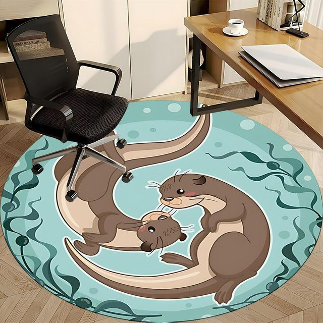 Runder Teppich Otter Familie von Yi Xin Two in Blau, waschbar und rutschfest, Durchmesser: 150 cm - Bild 1