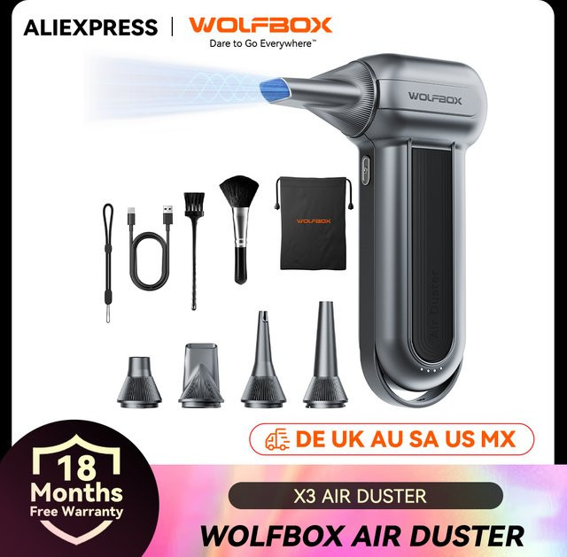 WOLFBOX MF100 Elektrischer Luftstaubsauger und Luftgebläse mit 150000 RPM, Wiederaufladbarer bürstenloser Motor für Auto, PC und Zuhause - Bild 1