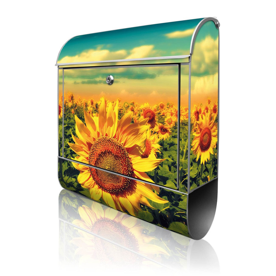 banjado Manufaktur Briefkasten mit Sonnenblumen Motiv in Silber Bunt mit Zeitungsfach, B/H/T: 38 x 47 x 13 cm - Bild 1
