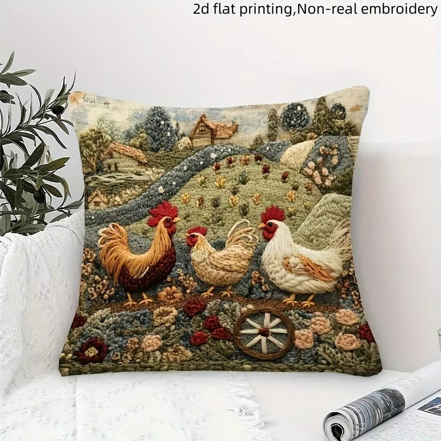 VIKAMA Sofakissenbezug im Farmhouse-Stil mit Hühner- und Landschaftsdesign, quadratisch, Mehrfarbig, B/H: 40 x 40 cm - Bild 2