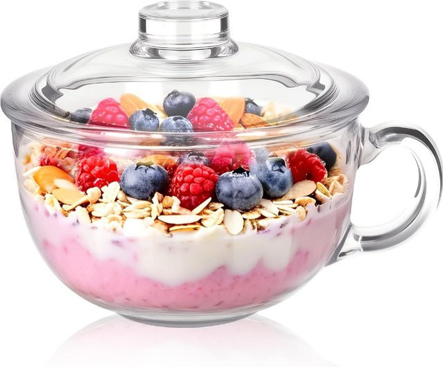 FEB.WIND Glasschüssel mit Deckel und Griff, transparent und beige, mikrowellengeeignet für Suppe, Dessert, Nudeln und Salat - Bild 1