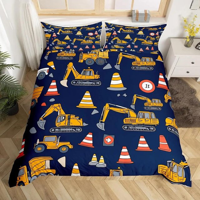 Bettwäscheset Bagger und Dinosaurier mit Baustellenfahrzeugen aus Mikrofaser, B/H: 135 x 200 cm - Bild 1