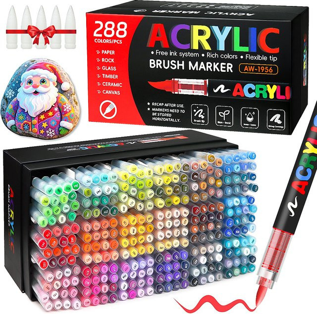 Acryl Marker Stifte mit Pinselspitze und automatischem Tintenkontrollsystem für Rock- und Holzmalerei, Mehrfarbig - Bild 1