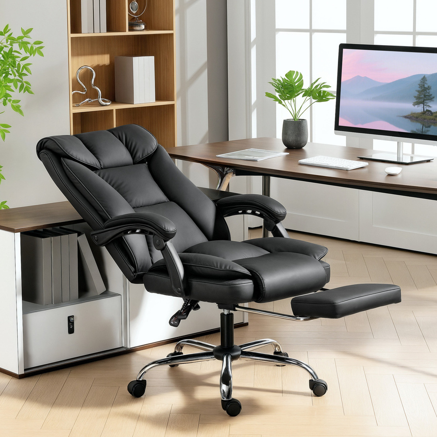 HOMCOM Ergonomischer Bürostuhl Schwarz aus Kunstleder mit 155 Grad Neigefunktion, Fußstütze und gepolsterten Armlehnen, höhenverstellbar und drehbar - Bild 1