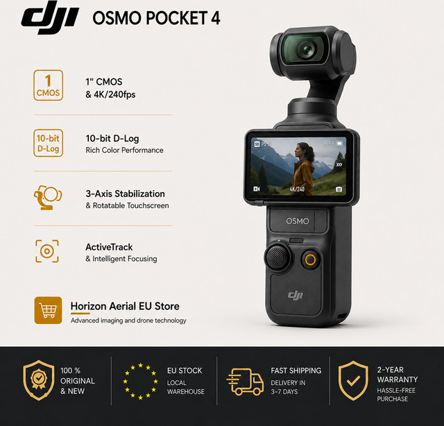 DJI Osmo Pocket 4 Action-Kamera mit 1-Zoll-CMOS, 4K/240fps, 3-Achsen-Stabilisierung und 2x Verlustfreiem Zoom in Schwarz - Bild 1