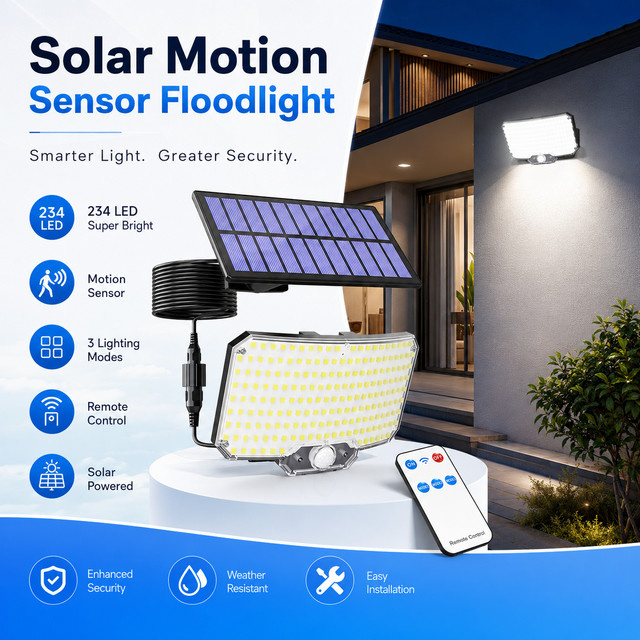 Aiopp Solar-Wandleuchte mit 234 LEDs und Fernbedienung, wasserdichtes Flutlicht mit Bewegungsmelder für Terrasse und Garage, Weiß - Bild 1