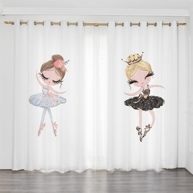 2-Panel Vorhang für Kinder mit Einhorn und Ballerina Motiv in Rosa und Weiß, halbtransparent, mit Ösen, B/H: 100 x 230 cm - Bild 1
