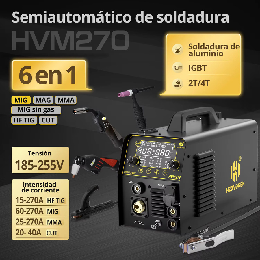 HZXVOGEN 6-in-1 Inverter-Schweißgerät in Schwarz, 220V Aluminium MIG/HF TIG/MMA Gas- und Gaslos-Schweißgerät mit Digitalanzeige und adaptivem Krateranschluss - Bild 3