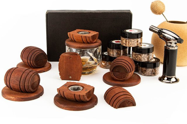 Untior Cocktail-Fass-Räucher-Set aus Holz in Braun mit 4 Geschmacksrichtungen und Holzspänen für Whisky und Cocktails - Bild 1